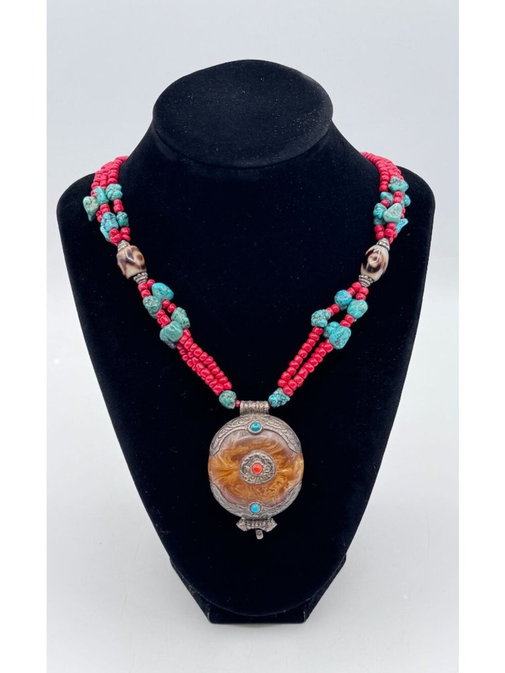 Vintage Nepal Multi Strand Coral Seed Bead Necklace Turquoise Amber Ghau Box
